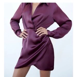 Zara Egg Plant color Ruched Bodycon Dress with Bishop Sleeves